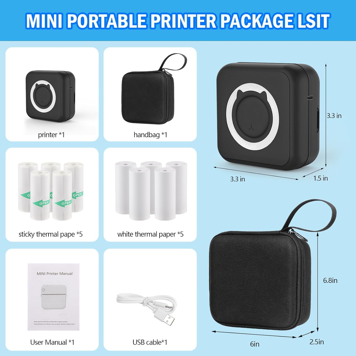 HUIJUTCHEN Mini Pocket Printer with Case – Portable Bluetooth Thermal Printer with 10 Rolls Paper, Black Ink, for Photos, Journals, Notes & Lists – Black