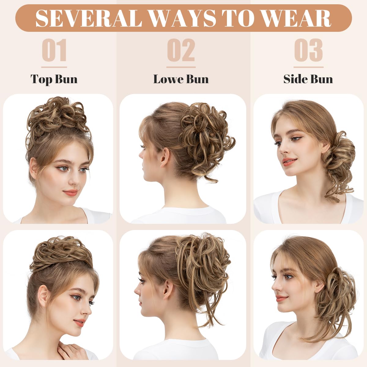 SARLA 2PCS Messy Bun Hair Pieces with Detachable Claw Clip – Wavy Curly Synthetic Updo Hairpieces with Tendrils, Sand