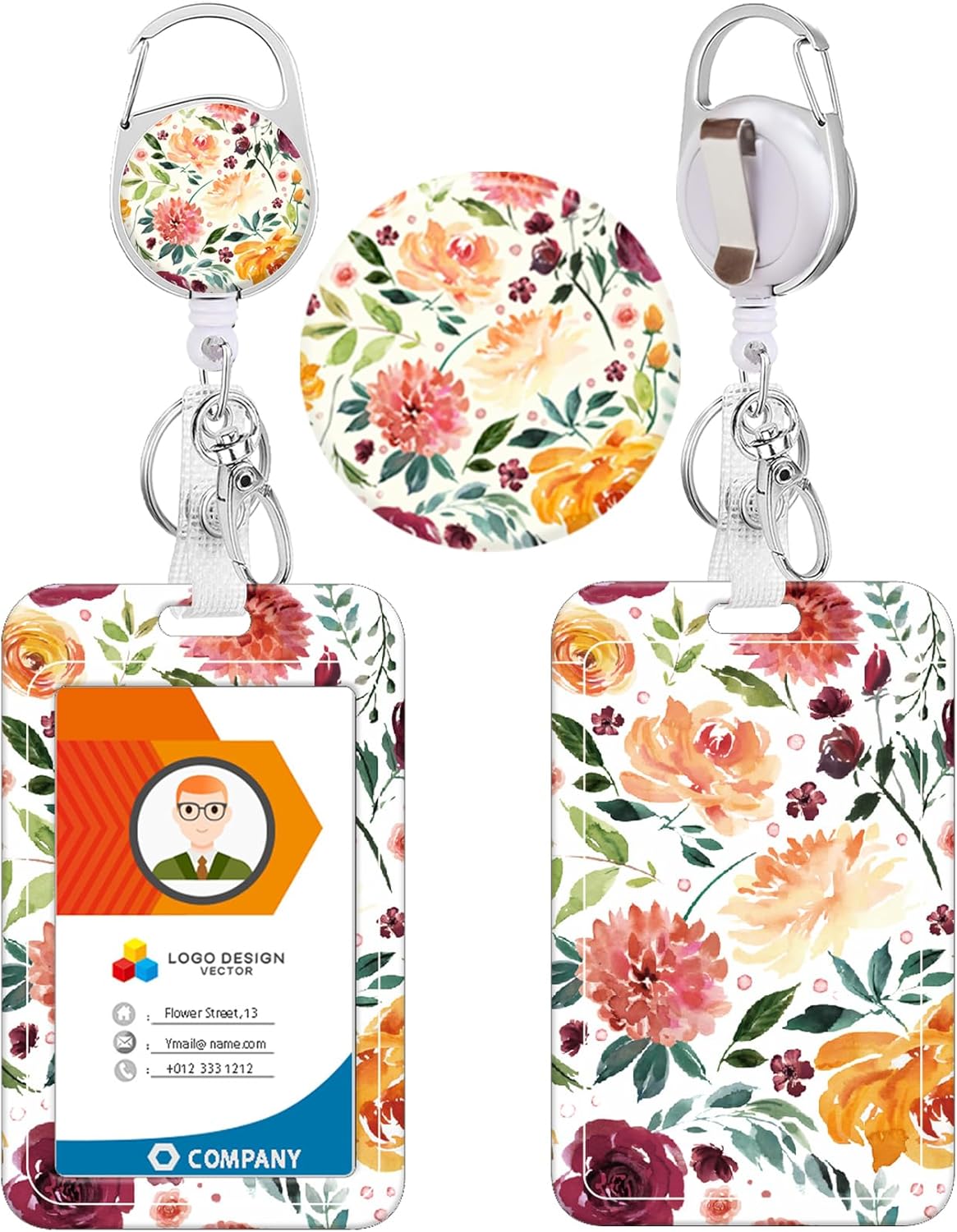 HEVITDA Badge Holder with Heavy Duty Retractable Reel – ID Card Case with Carabiner & Belt Clip – Watercolor Flower Design