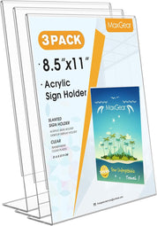 MaxGear Acrylic Sign Holder – Clear Plastic Display Stand, 8.5 x 11 Inches Slant Back Countertop Frame for Menus, Flyers, Office & Store Use – 3 Pack