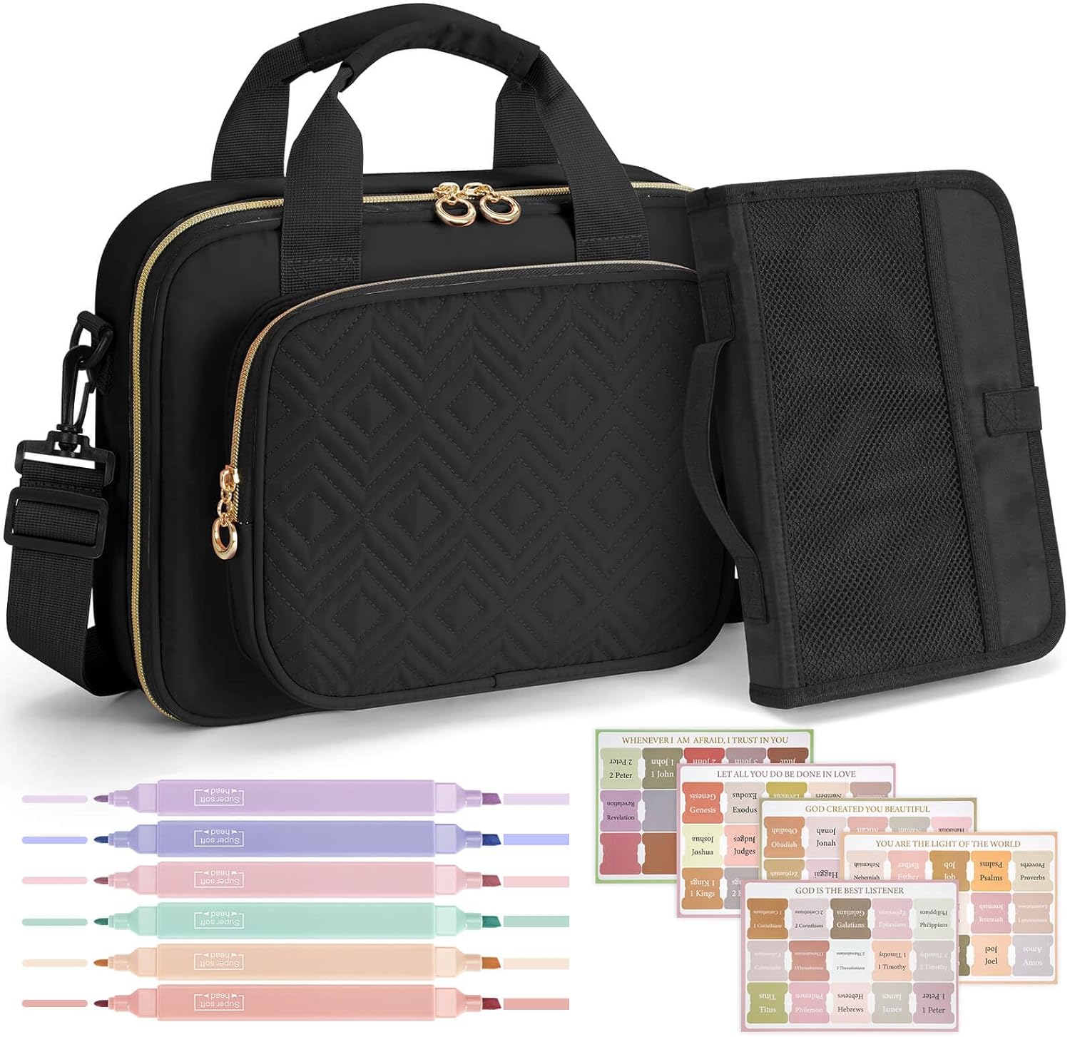 heouvo Bible Cover Case for Women – Includes No Bleed Highlighters, Pens, Tabs & Add-On Book Cover | Large Black Bible Bag with Shoulder Strap & Handles