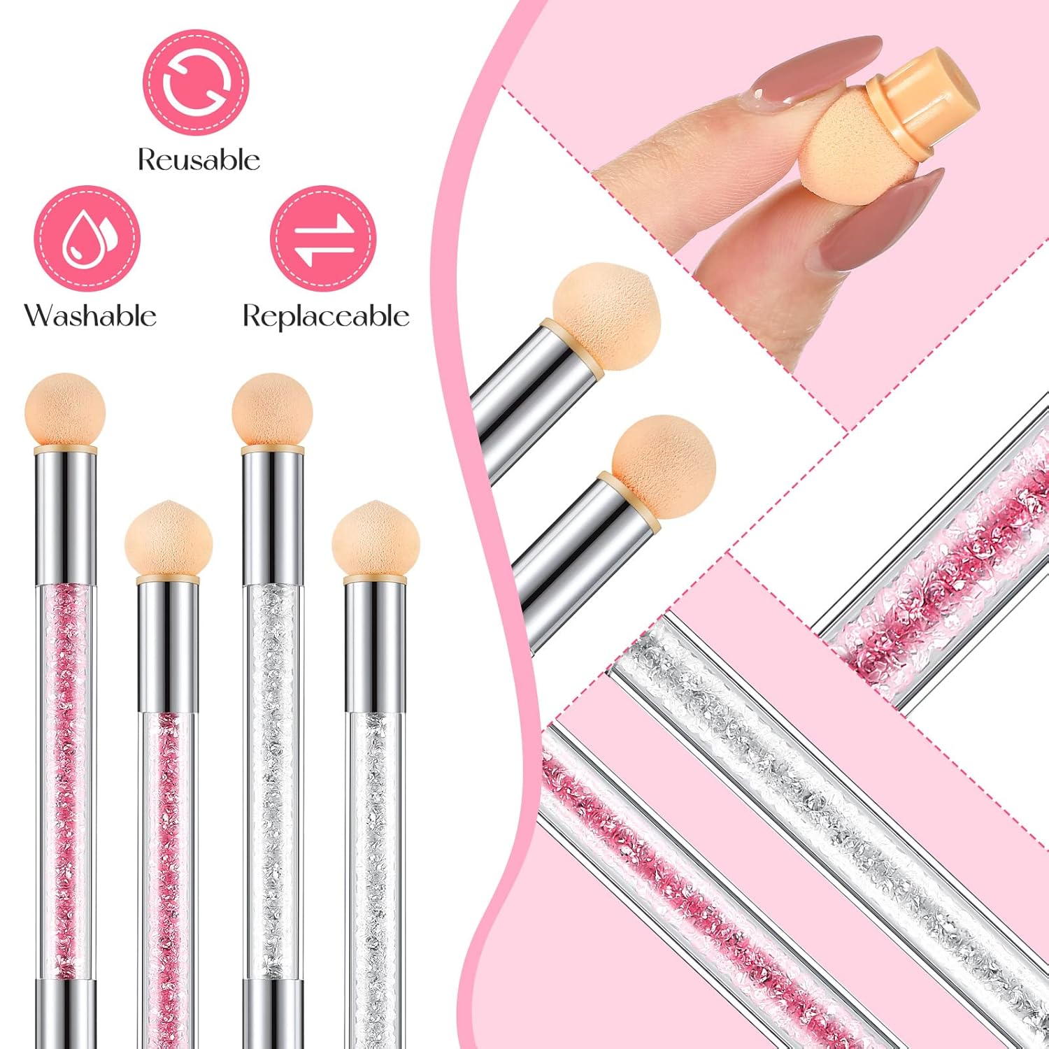 4-Piece UV Gel Gradient Sponge Pens with 16 Replacement Heads – Pink/White, Double-Head Nail Art Brushes