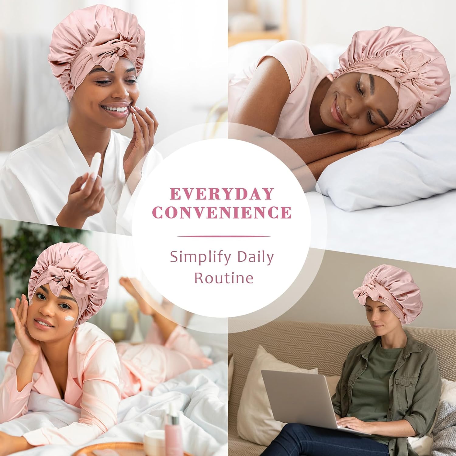Satin Hair Bonnet with Wide Tie Band – Silk Sleeping Cap for Women & Girls, Light Pink