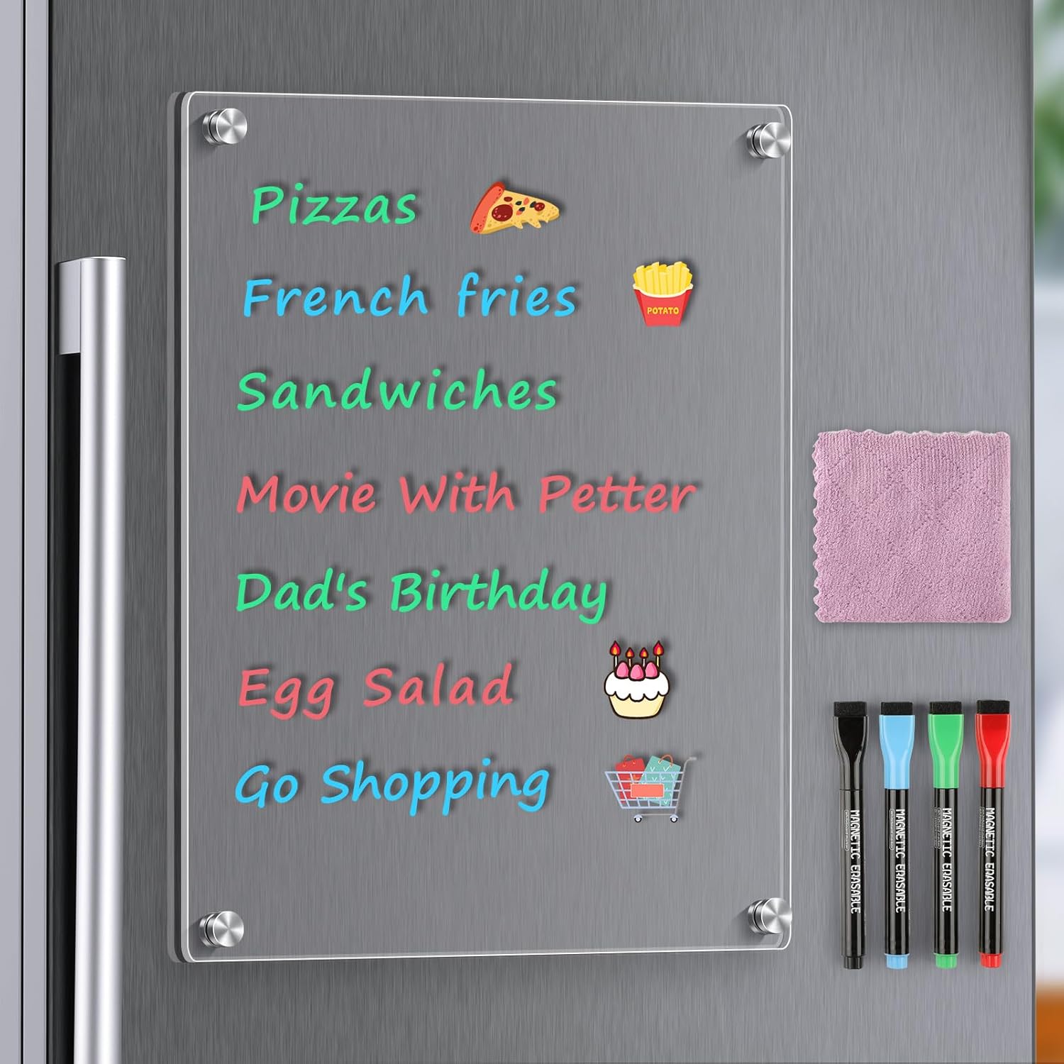 Small Magnetic Dry Erase Board for Refrigerator – 12" x 8" Clear Acrylic Whiteboard with 4 Markers & Cloth, Fridge Memo/Planner/Menu Board