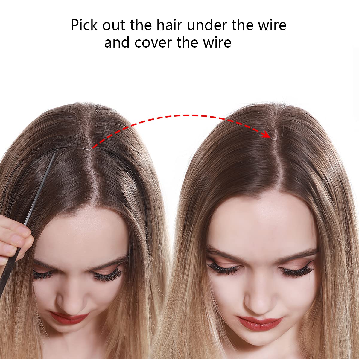 22” Ombre Invisible Wire Hair Extensions with Clips – Synthetic Long Wavy Curly Hairpiece, Brown to Golden, Adjustable Headband for Women