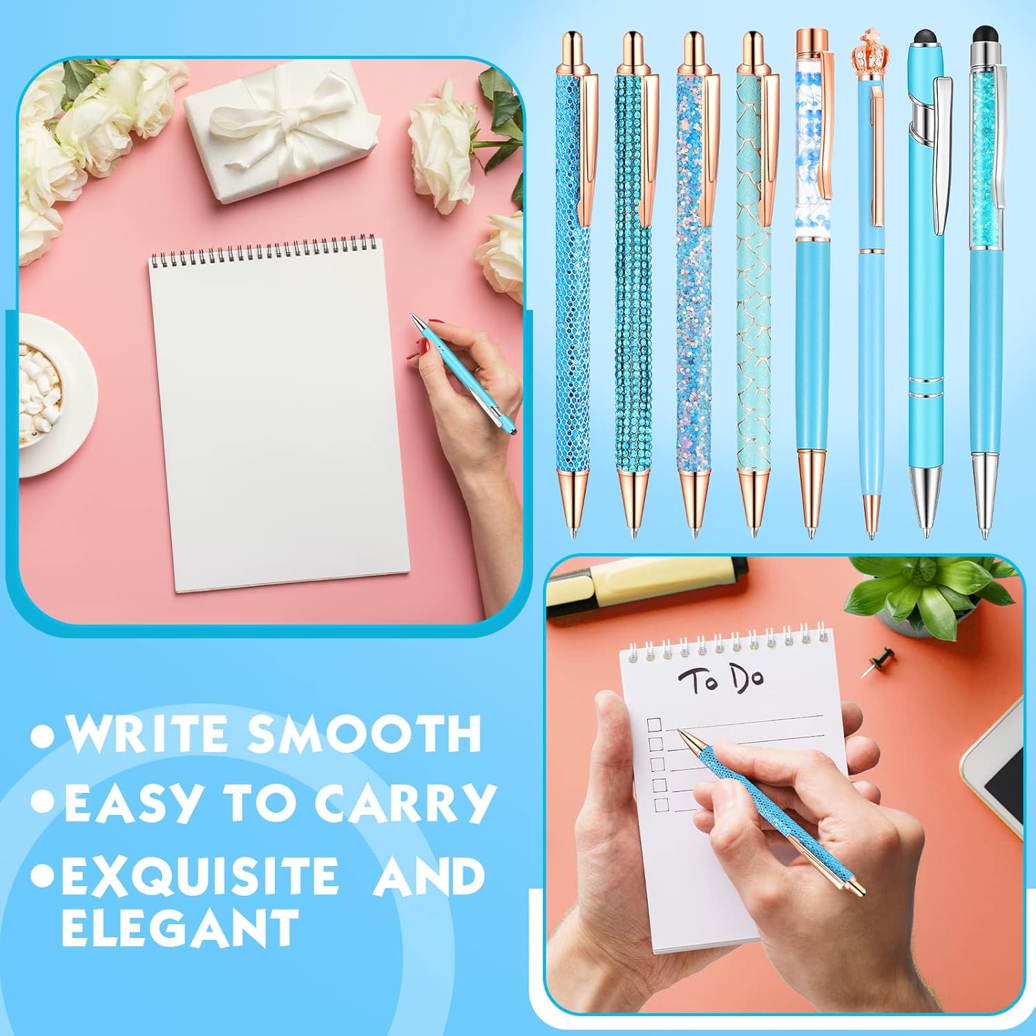 Estune 11-Piece Diamond Ballpoint Pens – Glitter Liquid Sand Crystal Pens for Women, Blue Ink, Metal Body (Blue)