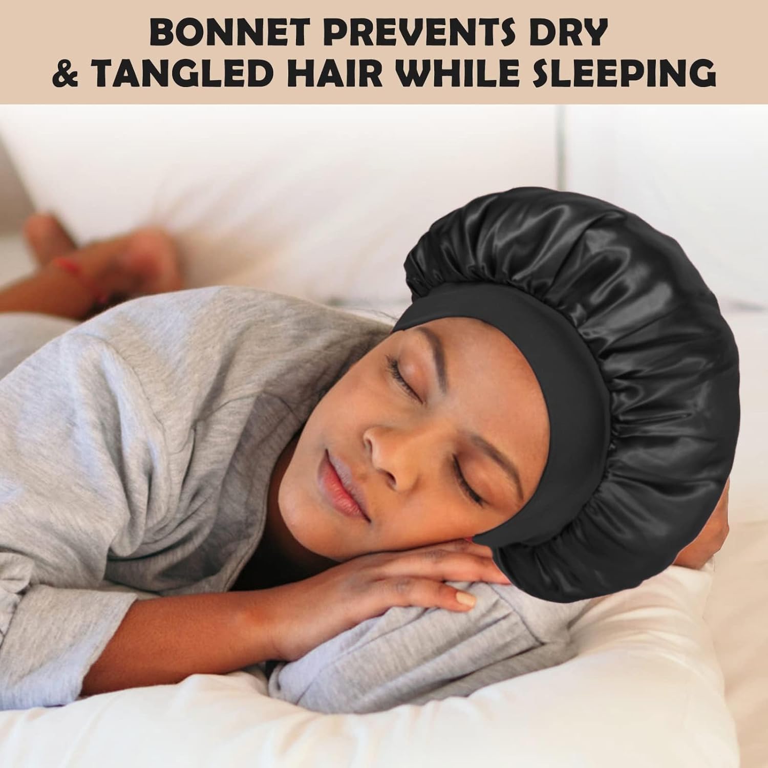 2Pcs Silk Bonnet for Sleeping – Satin Hair Bonnets with Soft Elastic Band, Sleep Cap Hair Wrap for Women (Black/Gold)