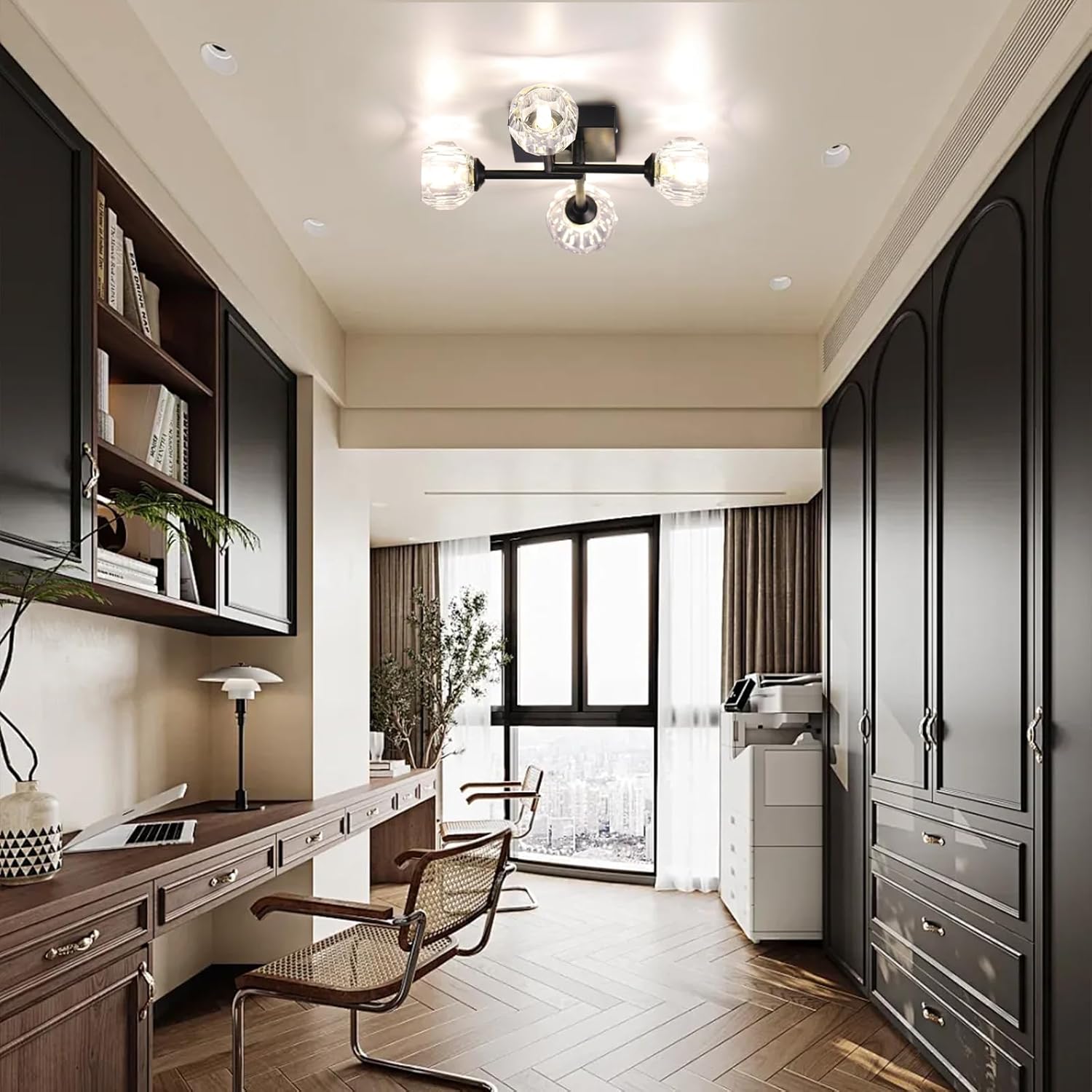 Sputnik Black Crystal 4-Light Semi Flush Mount Ceiling Light – Modern Industrial Chandelier with Round Crystal Shades, G9 LED Compatible