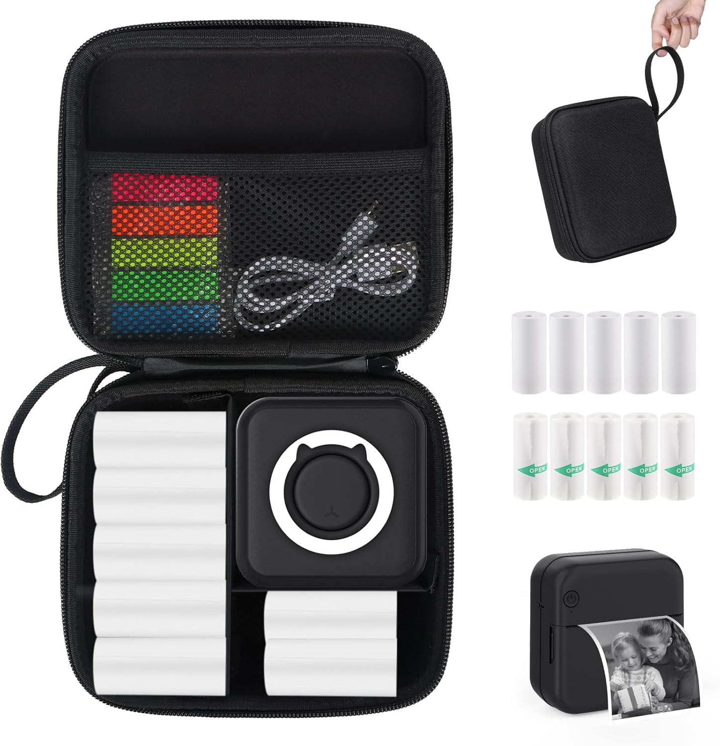 HUIJUTCHEN Mini Pocket Printer with Case – Portable Bluetooth Thermal Printer with 10 Rolls Paper, Black Ink, for Photos, Journals, Notes & Lists – Black