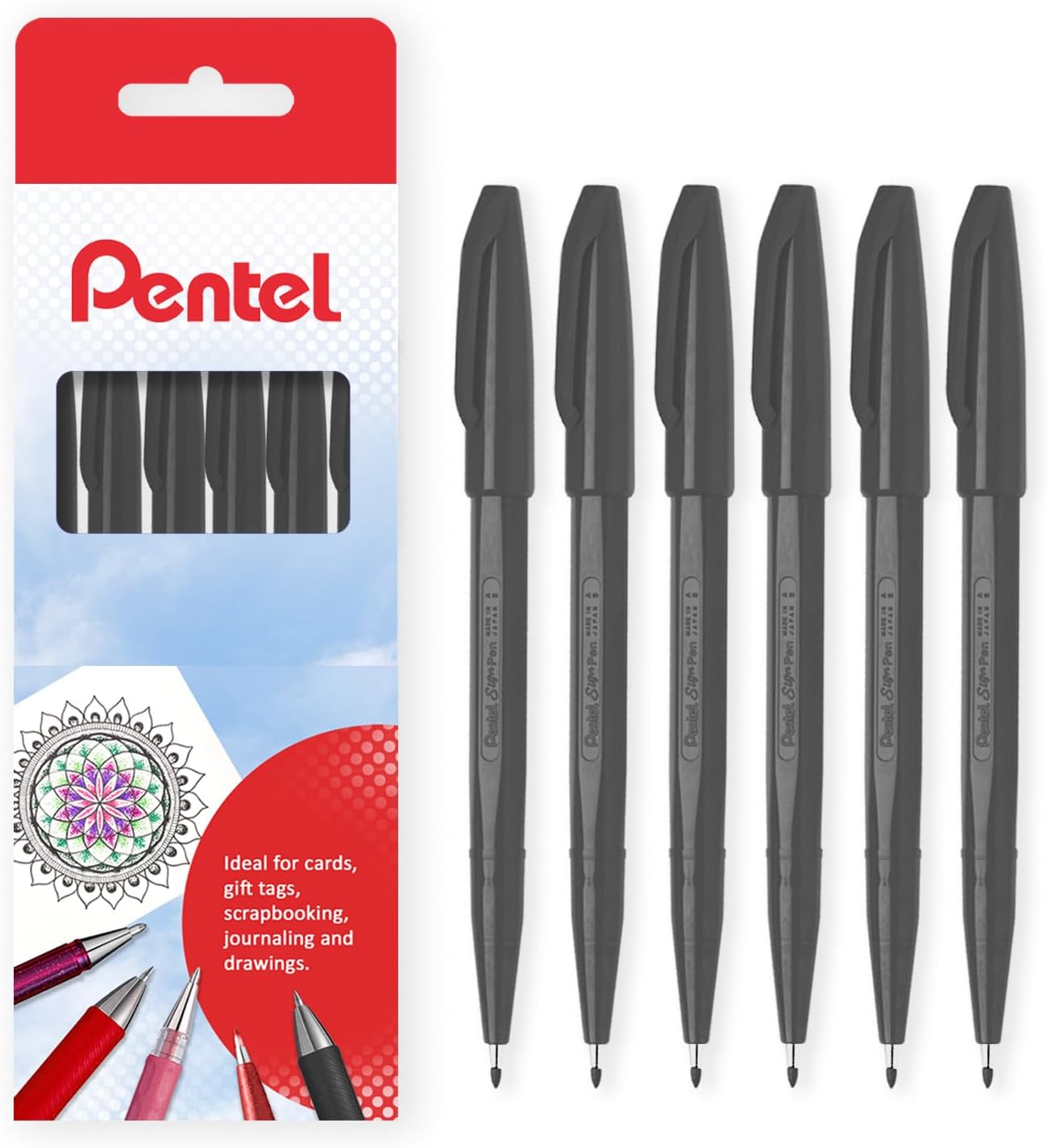 Pentel Original Sign Pen S520 – Fibre Tip Fineliner Marker Pens, 2mm Nib, 1mm Line Width, Pack of 6