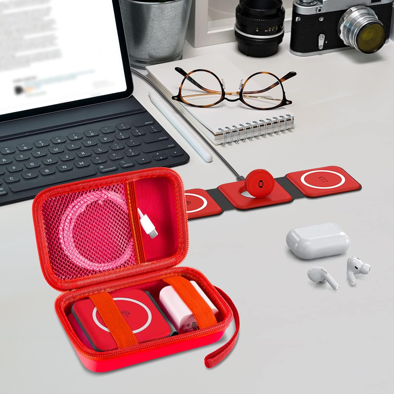 ANKHOH Travel Case for UCOMX, Iseyyox, LISEN, RTOPS 3-in-1 Wireless Charger – Foldable Magnetic Storage Bag, Red