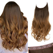 22” Ombre Invisible Wire Hair Extensions with Clips – Synthetic Long Wavy Curly Hairpiece, Brown to Golden, Adjustable Headband for Women