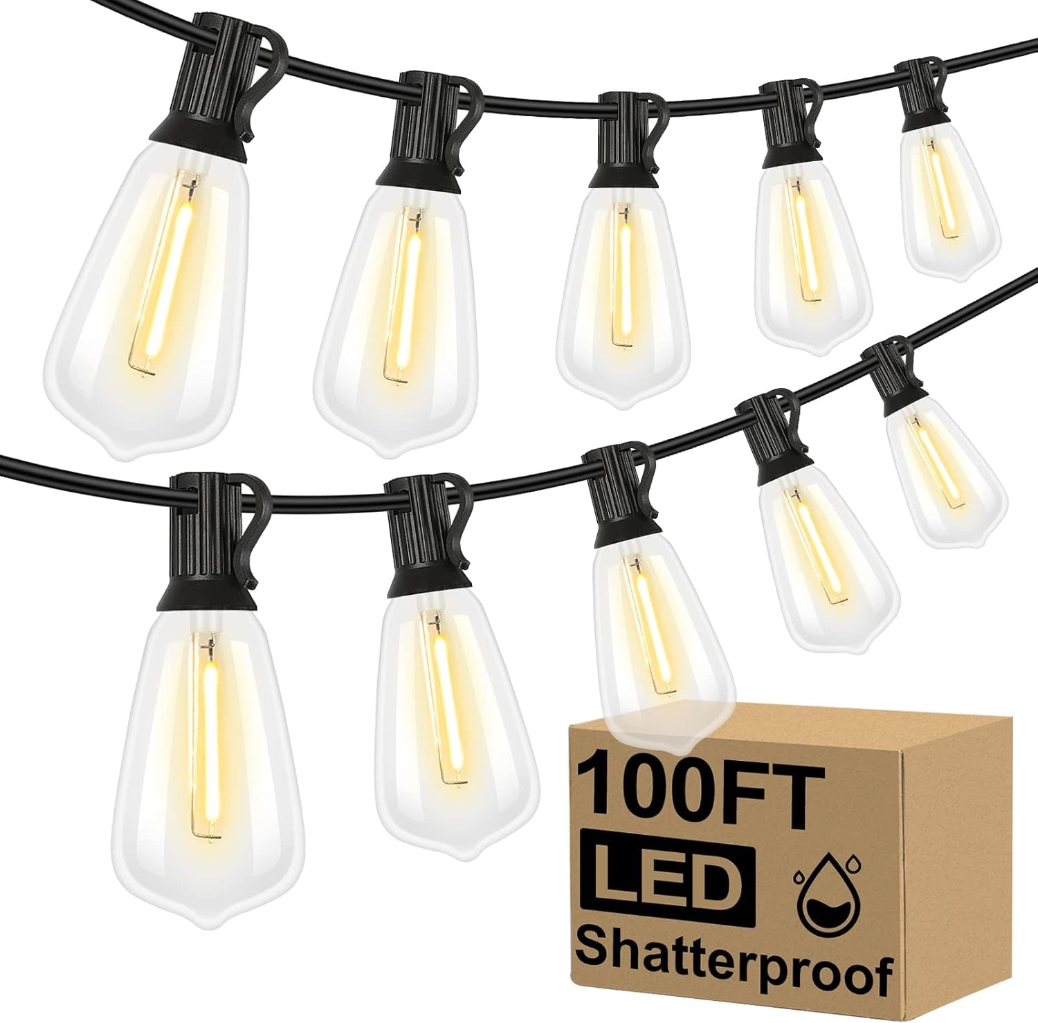 LED Outdoor String Lights – 100FT Patio Lights with 52 Shatterproof ST38 Vintage Edison Bulbs – Dimmable Warm White – Waterproof – Black Wire