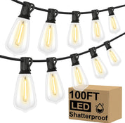 LED Outdoor String Lights – 100FT Patio Lights with 52 Shatterproof ST38 Vintage Edison Bulbs – Dimmable Warm White – Waterproof – Black Wire