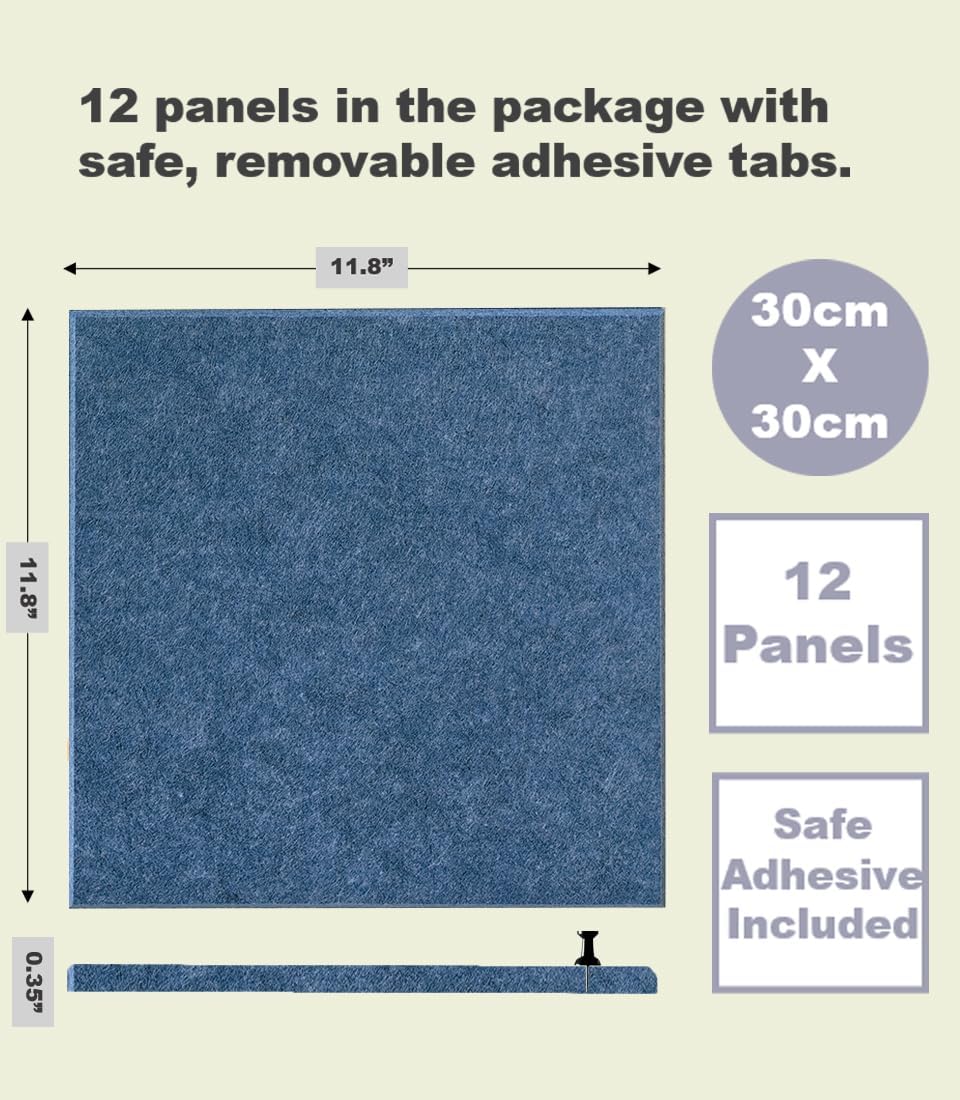 47"x35" Large Cork Board Alternative – 12-Pack Felt Wall Tiles with Removable Adhesive Tabs – Ocean Blue Pin & Tack Board for Home or Office