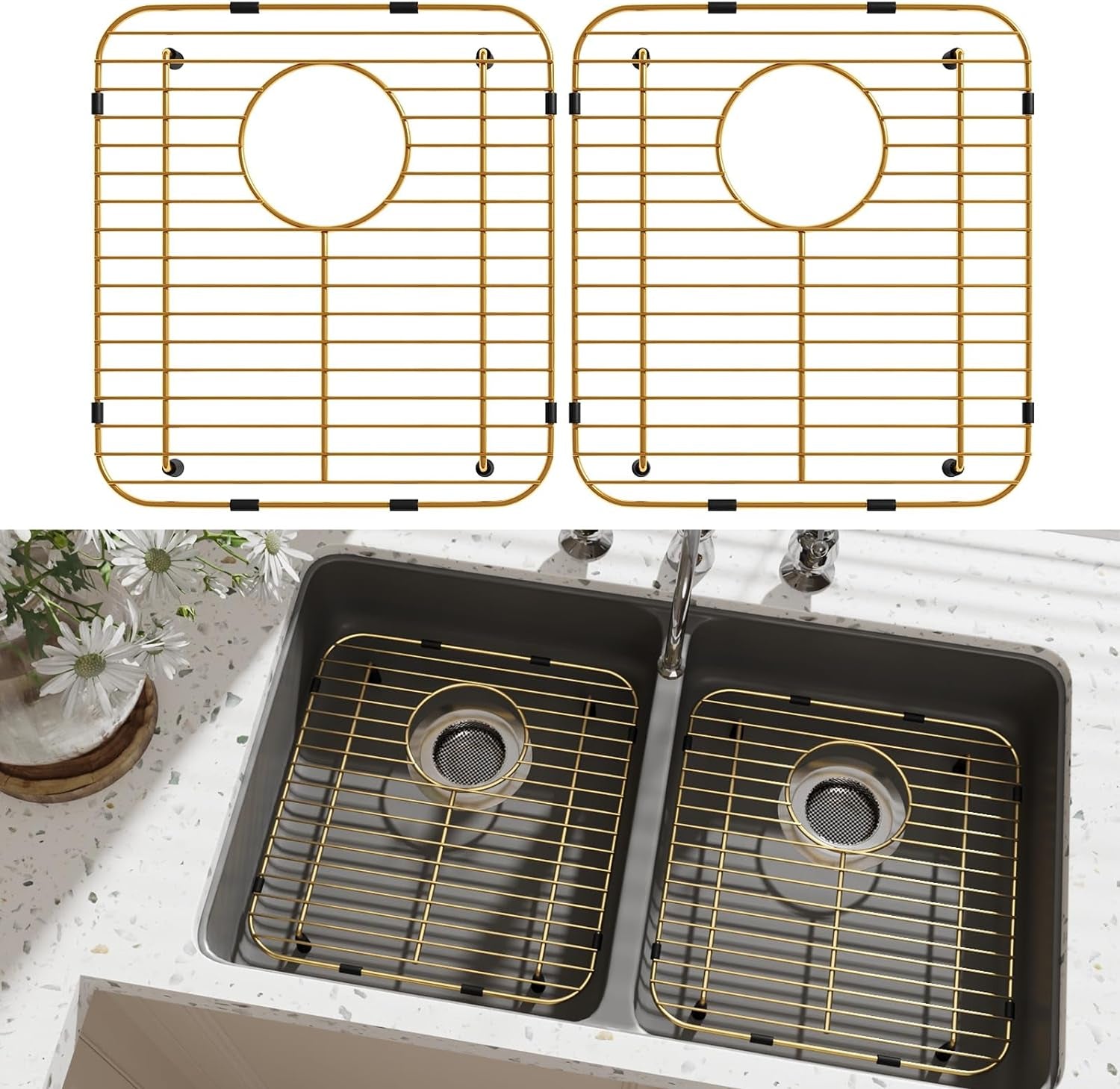 Sink Protectors for Kitchen Sink – Universal Double Bowl Bottom Grid, Offset Drain, Golden Stainless Steel, 11.6" x 13.12", 2-Pack