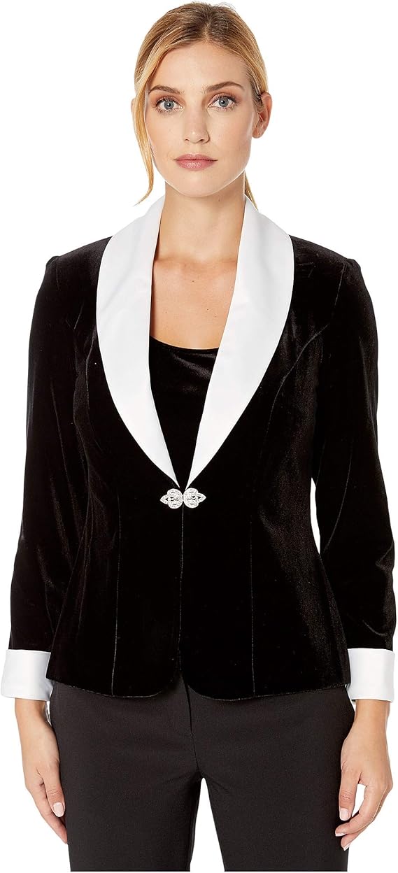 Alex Evenings Women's Velvet Blazer Jacket With White Lapel, Black - Size Medium