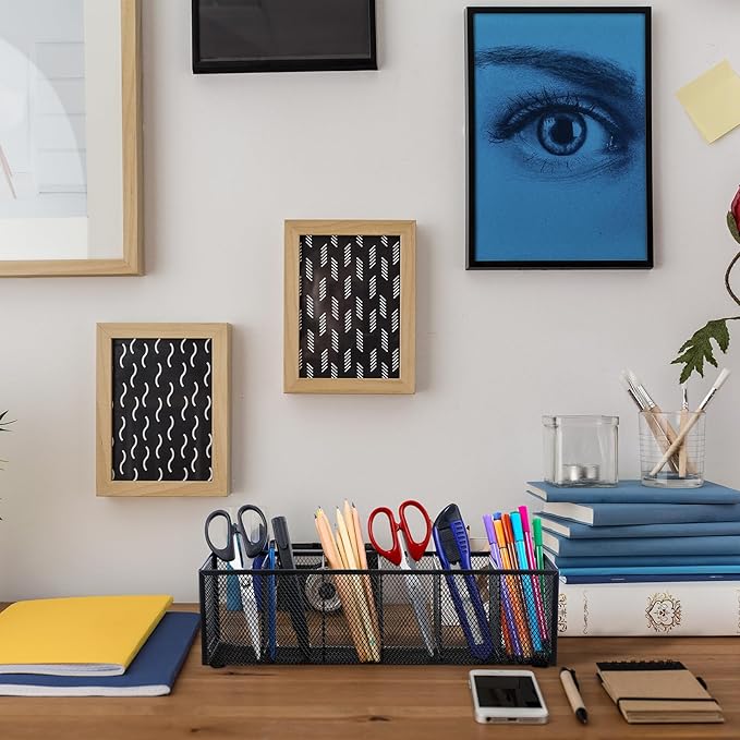 Teling 2 Pcs Mesh Desk Organizer - Black Metal Pen Holder with 6 Compartments, Desktop Stationery Pencil Caddy Basket