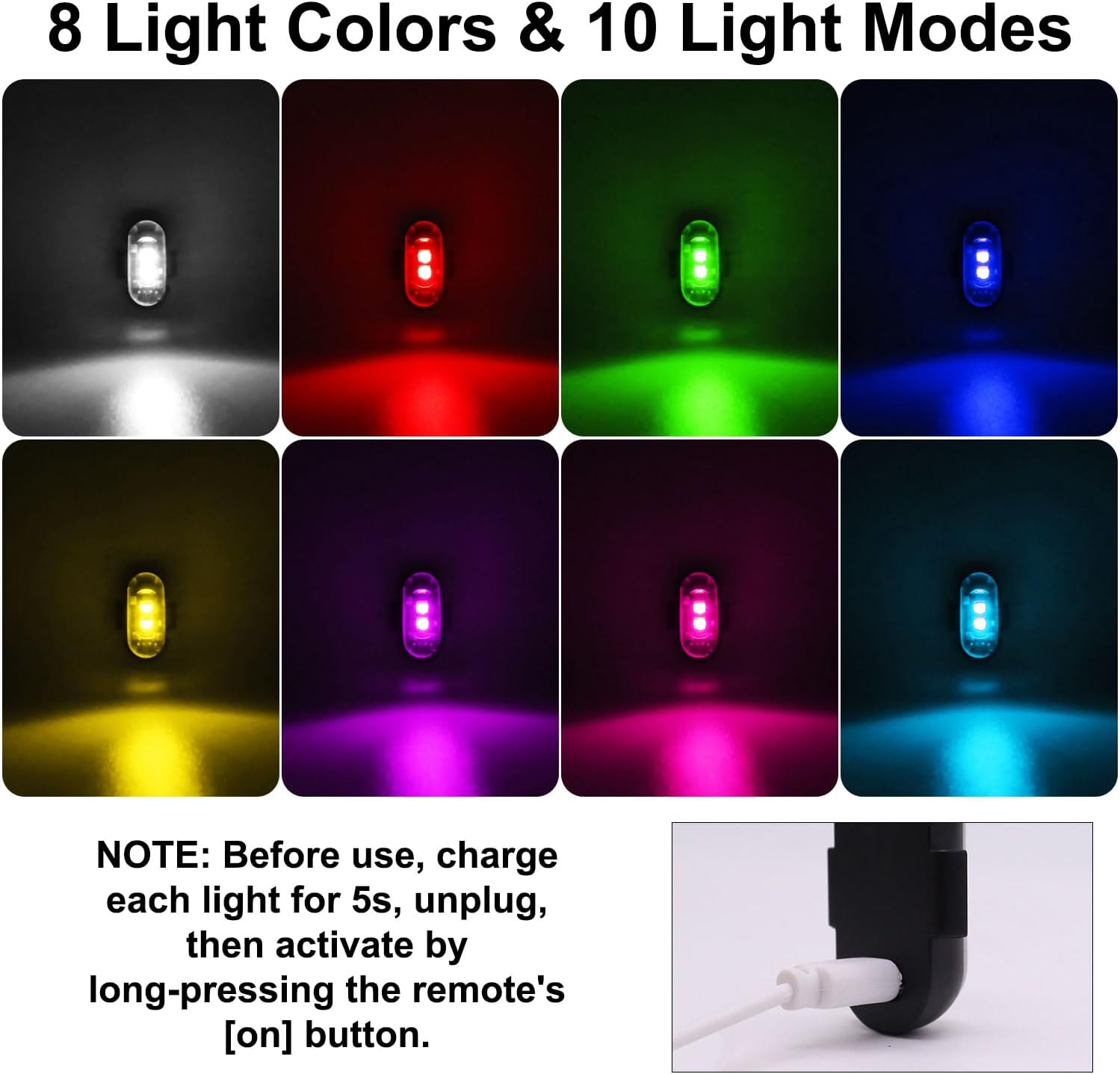 Elegananccy 4PCS Wireless LED Strobe Lights with Remote – 8 Color Waterproof Rechargeable Anti-Collision Emergency Lights for Car, Bike, Motorcycle, Drone, Aircraft