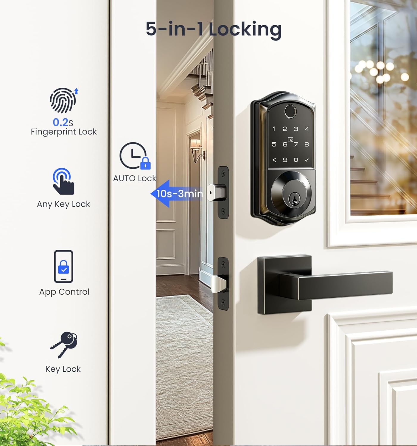 VE017 Fingerprint Smart Door Lock – 7-in-1 Keyless Entry with App Control, Biometric, Touchscreen Keypad, Auto Lock – Matte Black