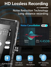 Crosseagle 64GB Digital Voice Activated Recorder – 4552 Hours, Dual MIC, Playback, MP3 Player, TF Card Included