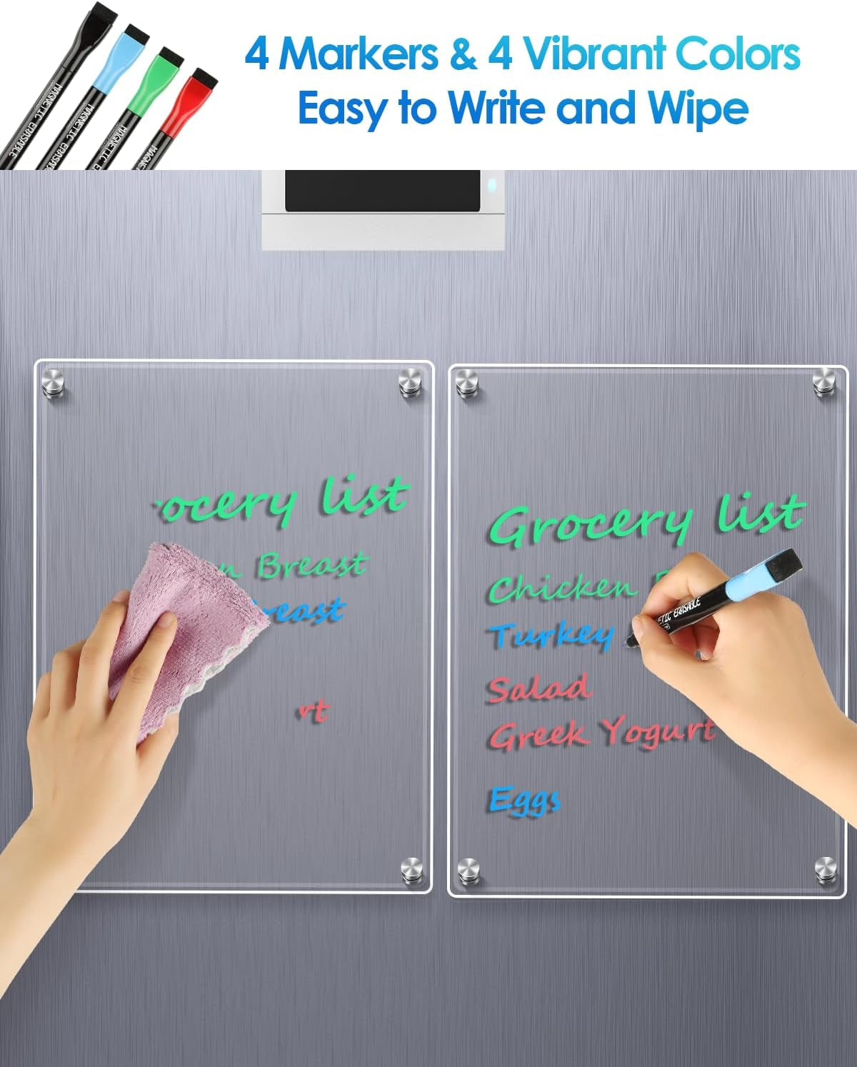 Small Magnetic Dry Erase Board for Refrigerator – 12" x 8" Clear Acrylic Whiteboard with 4 Markers & Cloth, Fridge Memo/Planner/Menu Board