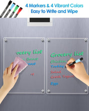 Small Magnetic Dry Erase Board for Refrigerator – 12" x 8" Clear Acrylic Whiteboard with 4 Markers & Cloth, Fridge Memo/Planner/Menu Board