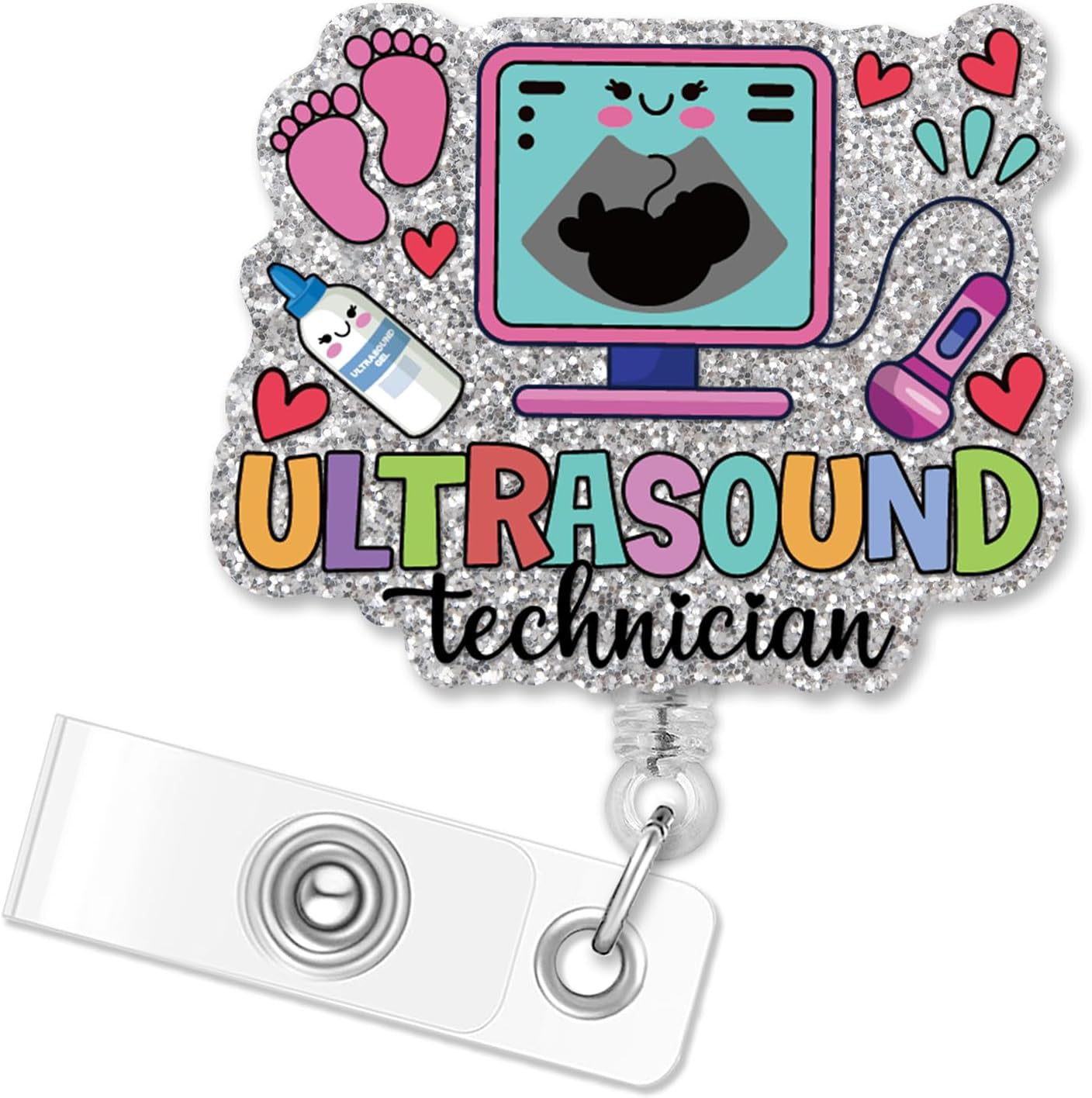 ERHACHAIJIA Retractable Badge Reel – Funny Silver Glitter ID Holder for Ultrasound Technicians, Nurses