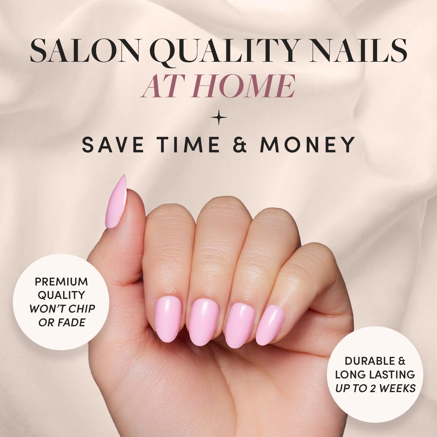 Glamnetic Press on Nails – Think Pink | Solid Opaque Light Pastel Pink Short Oval Nails, Reusable | 15 Sizes – 30 Nail Kit