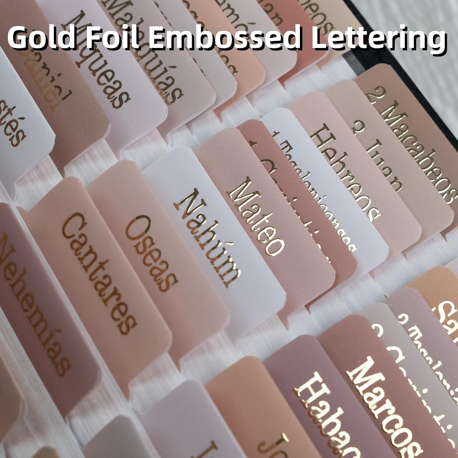 Spanish Laminated Bible Tabs – 80 Large Print Repositionable Tabs with Gold Foil Lettering – Easy-to-Apply Bible Index Tabs for Men & Women