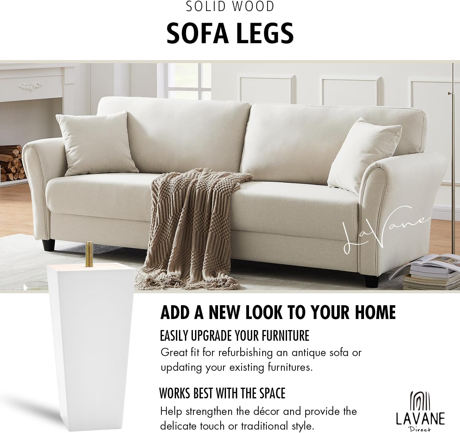 6-Inch Wooden Furniture Legs – Set of 4 – Solid Wood Square Bun Feet – White Mid-Century Modern Style