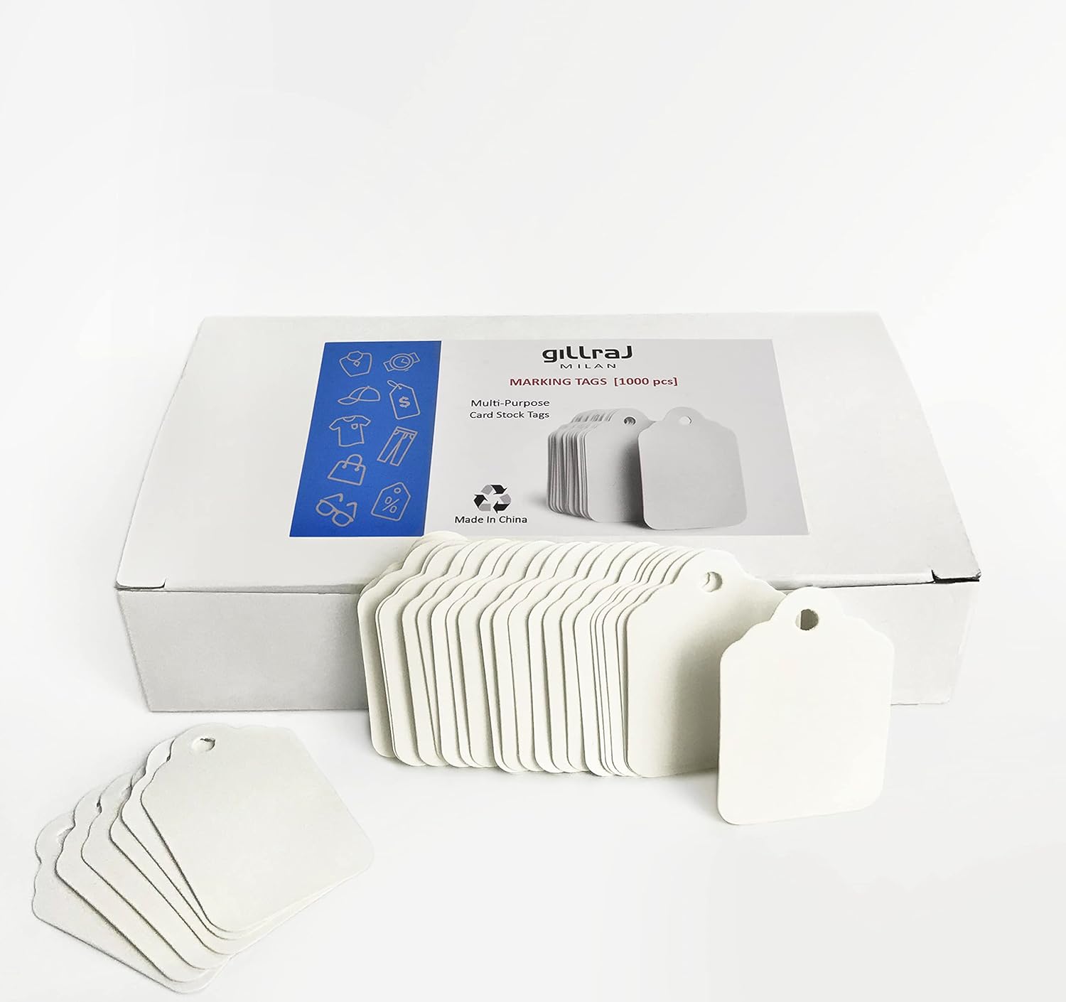 GILLRAJ Unstrung Marking Blank White Price Tags – 1.93" x 1.25" (49mm x 32mm), Pack of 1000 Paper Clothing Hang Tags Without String