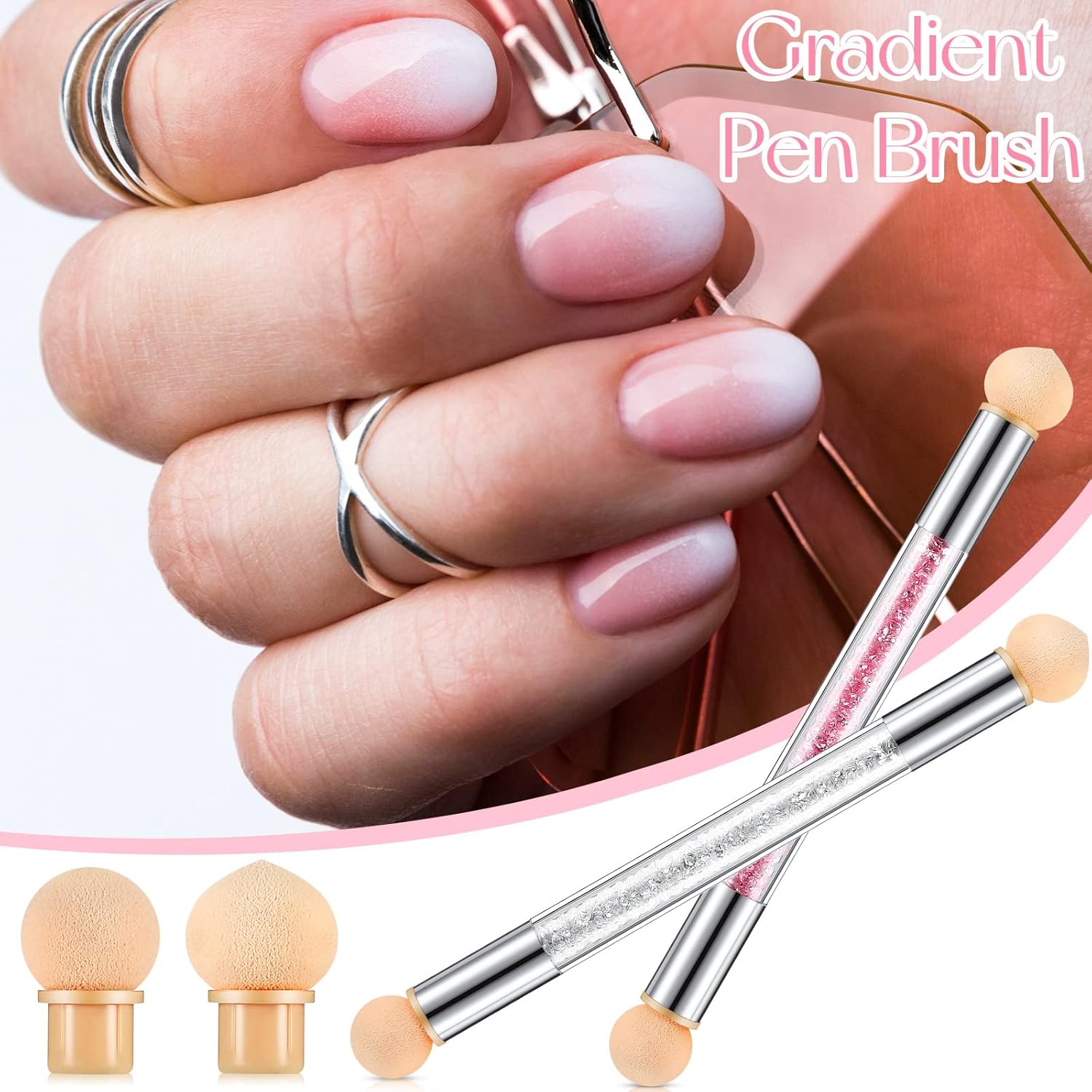 4-Piece UV Gel Gradient Sponge Pens with 16 Replacement Heads – Pink/White, Double-Head Nail Art Brushes
