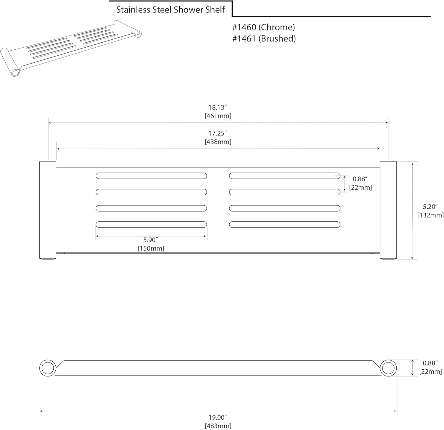 1461 Elegant 19" Shower Shelf – Satin Nickel – Rustproof Stainless Steel