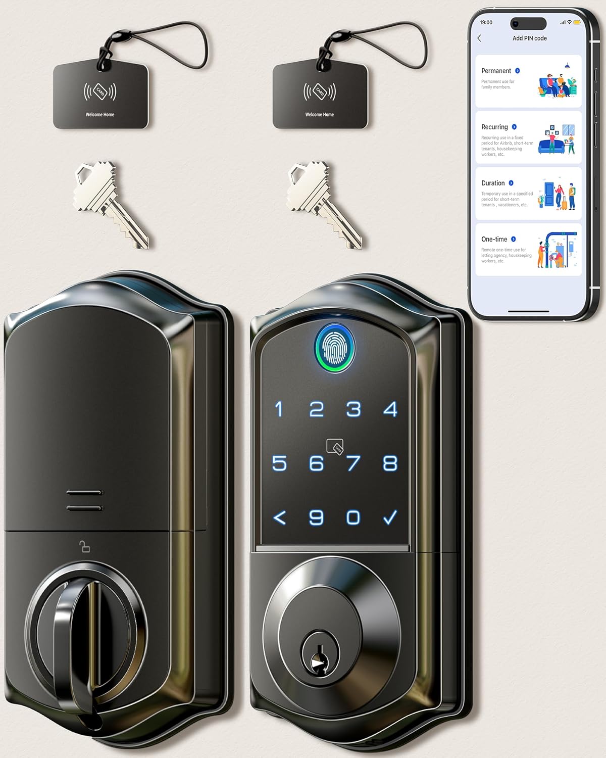 VE017 Fingerprint Smart Door Lock – 7-in-1 Keyless Entry with App Control, Biometric, Touchscreen Keypad, Auto Lock – Matte Black