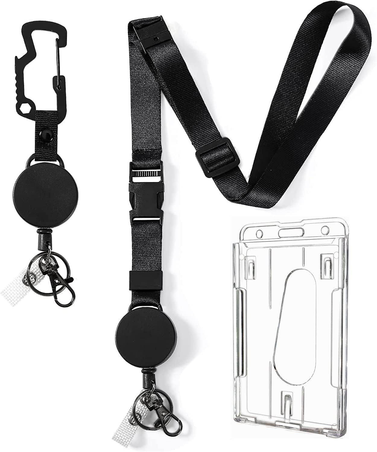 Heavy Duty Retractable Lanyard – Breakaway Lanyard for ID Badges & Keys, Retractable Keychain with Upgraded Carabiner, Key Ring, and 2-Card Holder (Matte Black)