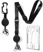 Heavy Duty Retractable Lanyard – Breakaway Lanyard for ID Badges & Keys, Retractable Keychain with Upgraded Carabiner, Key Ring, and 2-Card Holder (Matte Black)