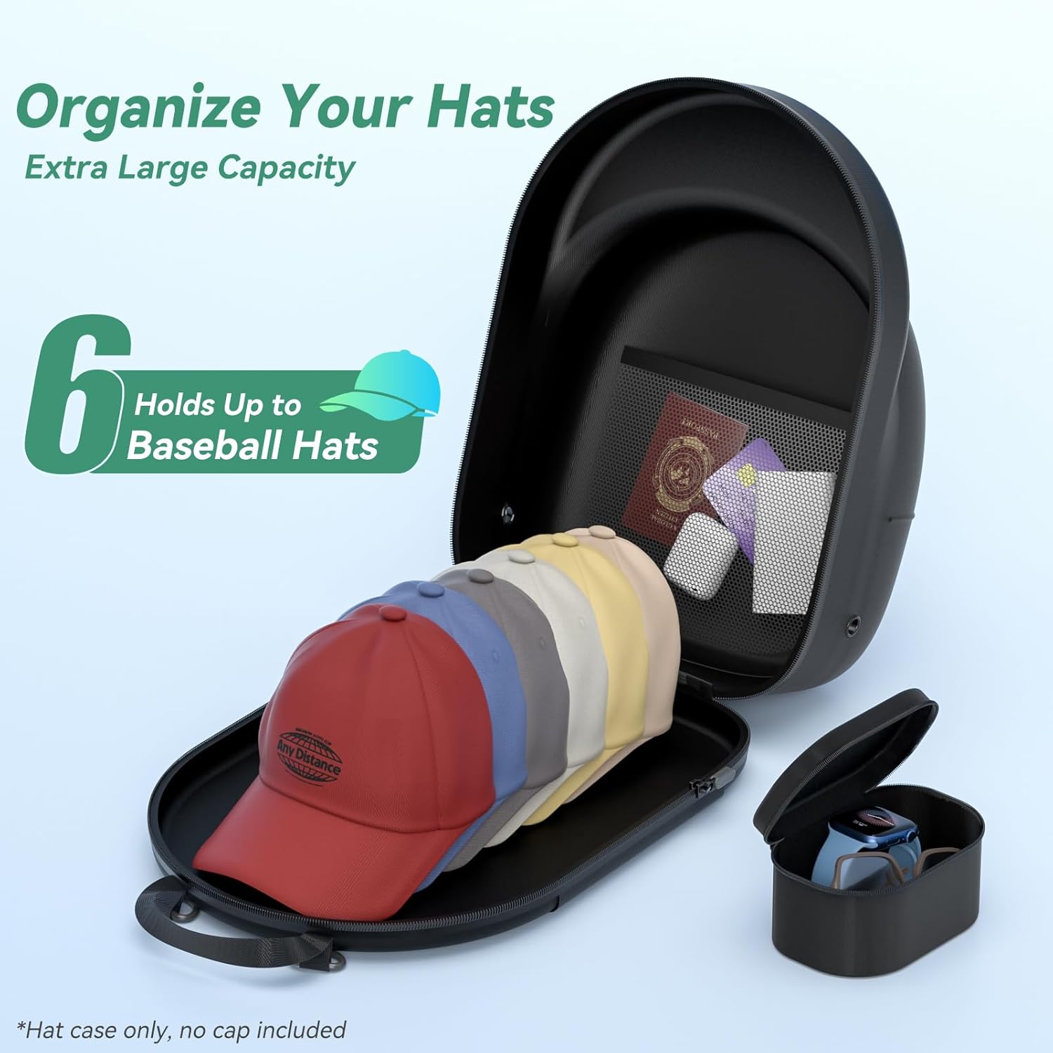 CLESOO Hat Case for Travel – Hard Hat Storage Box for Baseball Caps with Adjustable Strap, Black