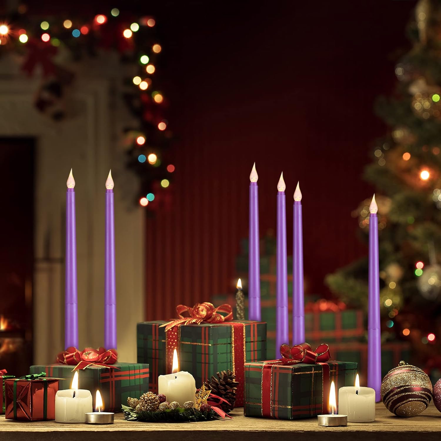 Enhon 7-Piece 10" Purple Flameless LED Taper Candles – Battery Operated Flickering Candles for Christmas, Weddings, Church, Rituals, and Holiday Decor