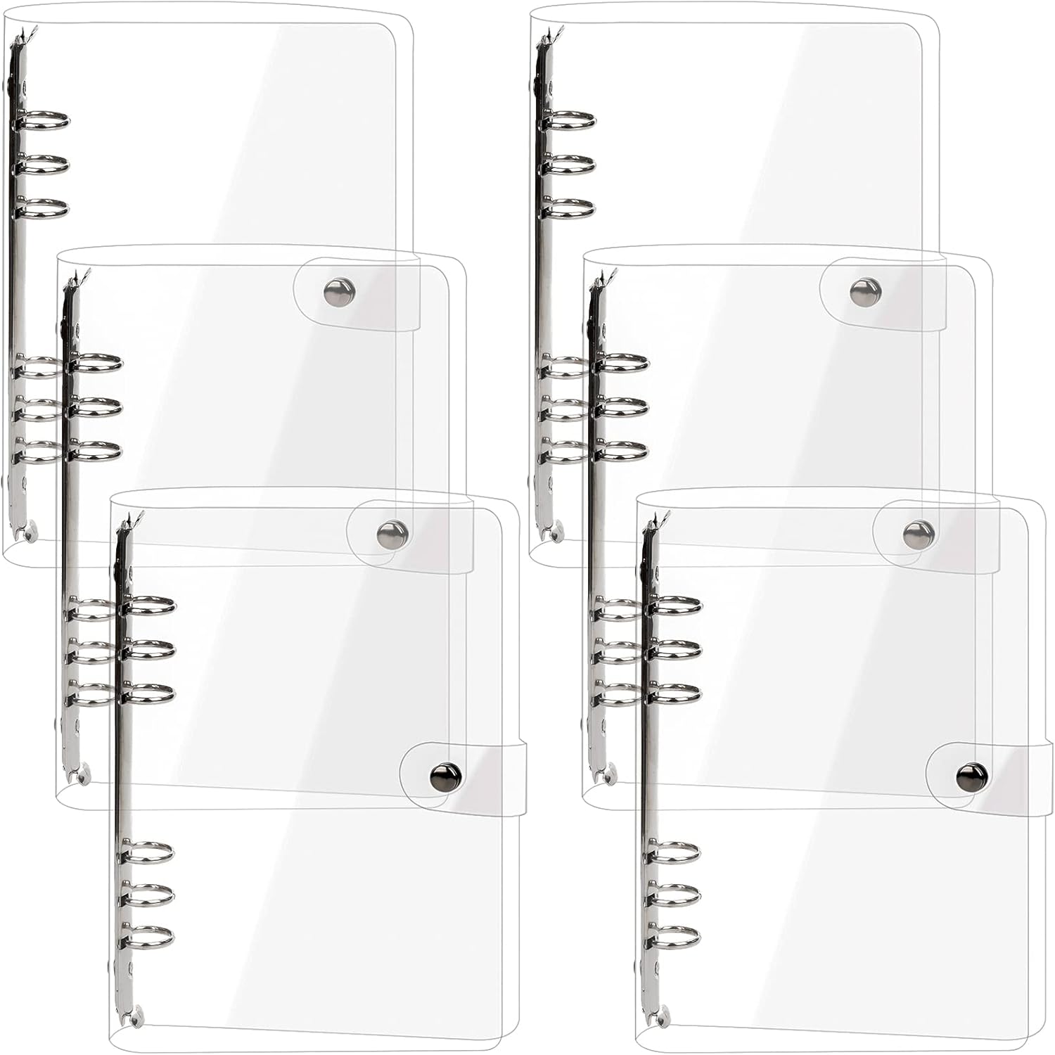 Elsjoy 6-Pack A5 Clear PVC Binder – Transparent 6-Ring Refillable Soft Notebook Covers with Snap Button Closure – Loose Leaf Binding – 9.3" x 7"