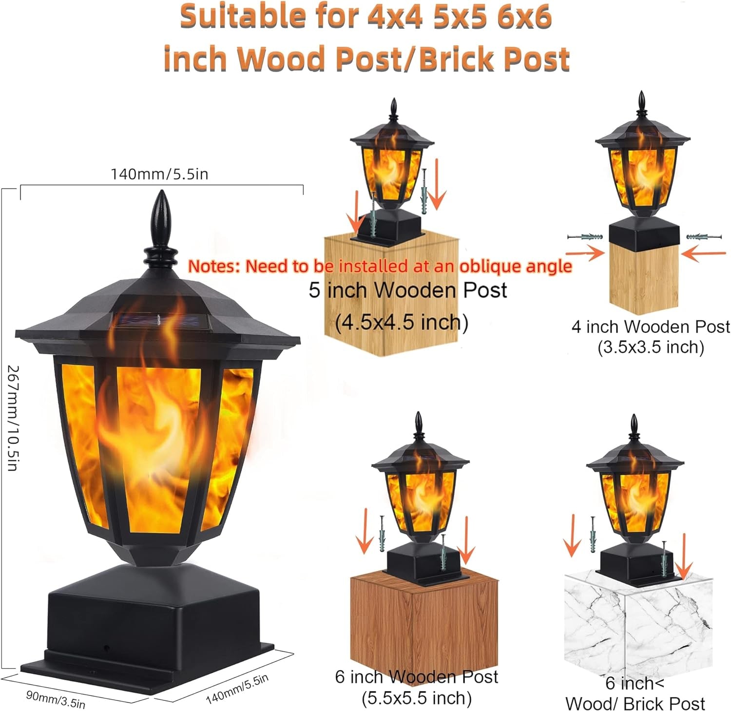 Dynaming Solar Flame Post Cap Lights – 2 Pack Outdoor Waterproof LED Lanterns for 4x4, 5x5, 6x6 Wooden Fence Posts – Flickering Flame, Solar Powered, Garden Patio Deck Light