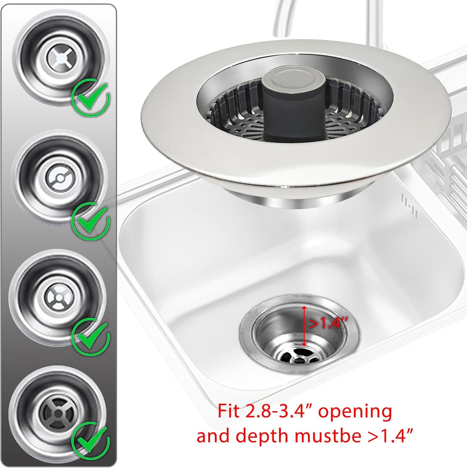 BAOLSLS 3-in-1 Kitchen Sink Stopper – Pop-Up Drain Strainer with Extra Basket Strainer, 3-1/2 Inch