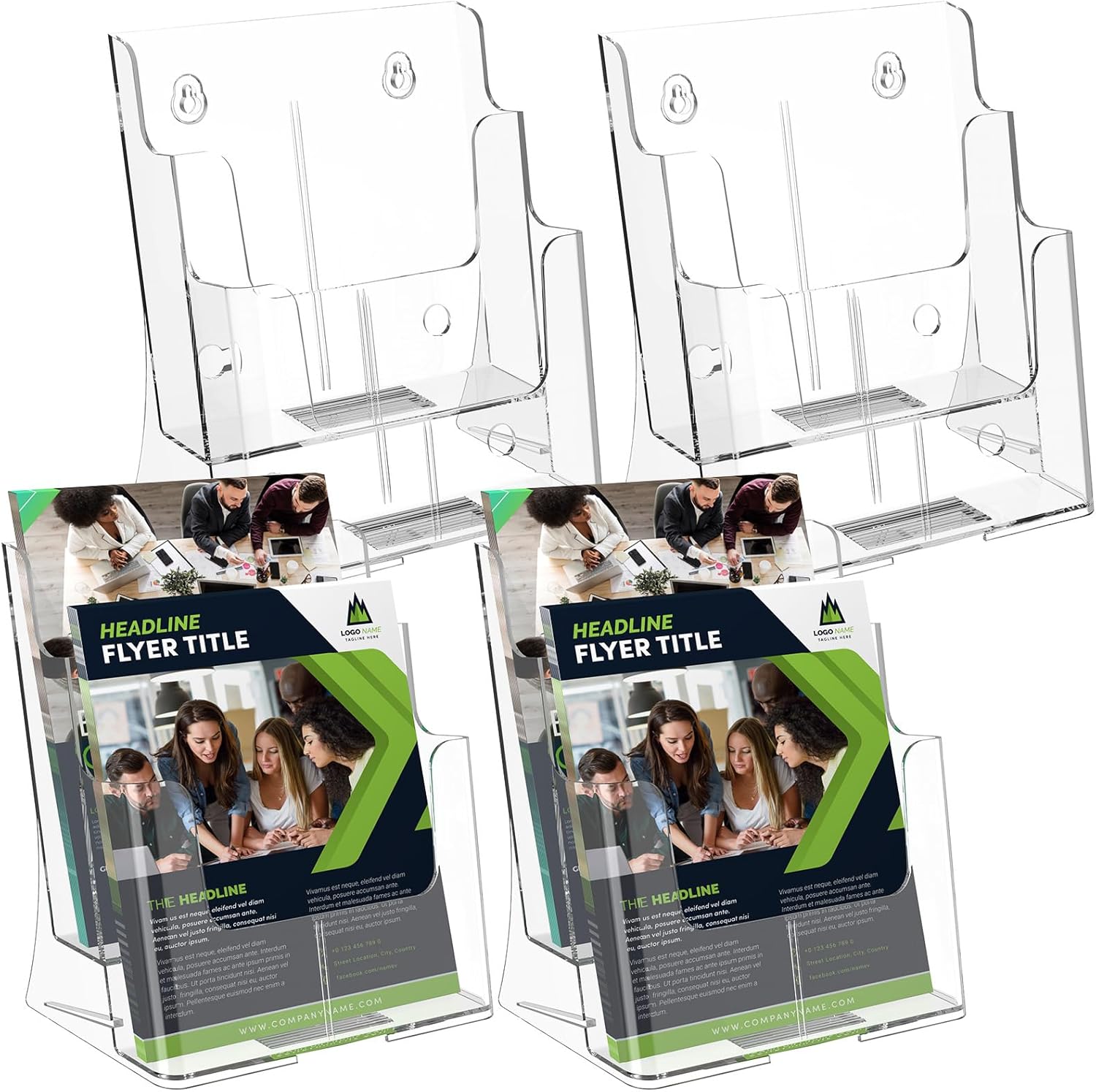 MaxGear 2-Tier Acrylic Brochure Holder 6x9 Inch – Clear Literature Display Stand for Pamphlets, Booklets, Flyers – Wall Mount or Countertop Use – 4 Pack
