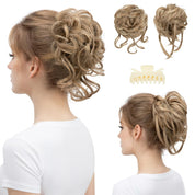 SARLA 2PCS Messy Bun Hair Pieces with Detachable Claw Clip – Wavy Curly Synthetic Updo Hairpieces with Tendrils, Sand