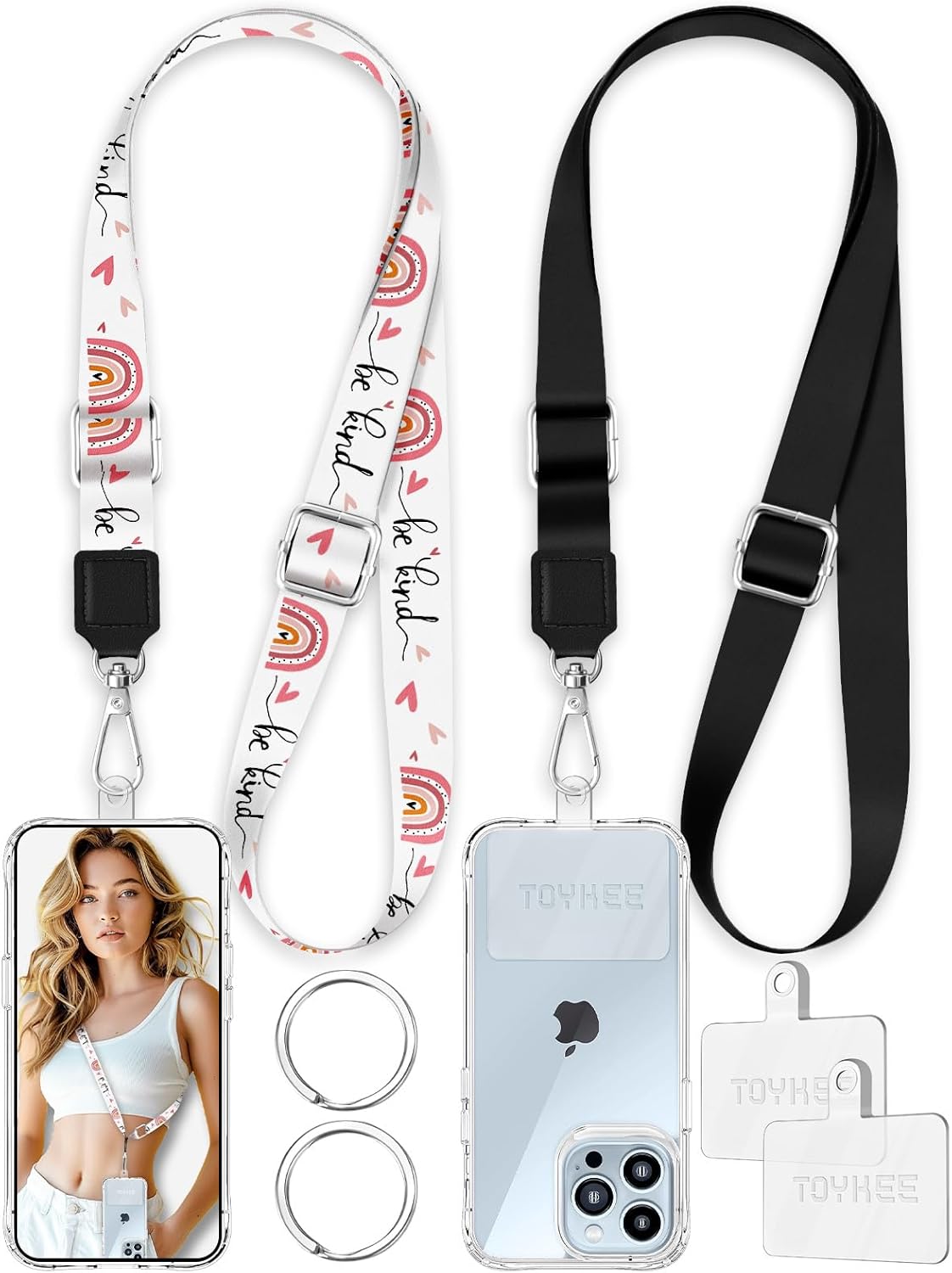 3-in-1 Phone Lanyard Strap Crossbody – 2 Pack for iPhone & Cell Phones – Adjustable Neck Strap with Tab & Key Ring (Black + “Be Kind” Design)