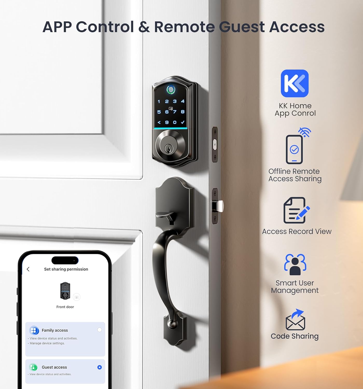 Veise Fingerprint Smart Front Door Lock Set – App Control, Keyless Entry with Handle, Smart Deadbolt, Emergency Power Port, Touchscreen Keypad, Auto Locking, Matte Black