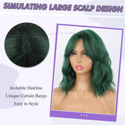 Aisaide Dark Green Wavy Bob Wig with Curtain Bangs – Short Synthetic Curly Wig for Women, Shoulder Length