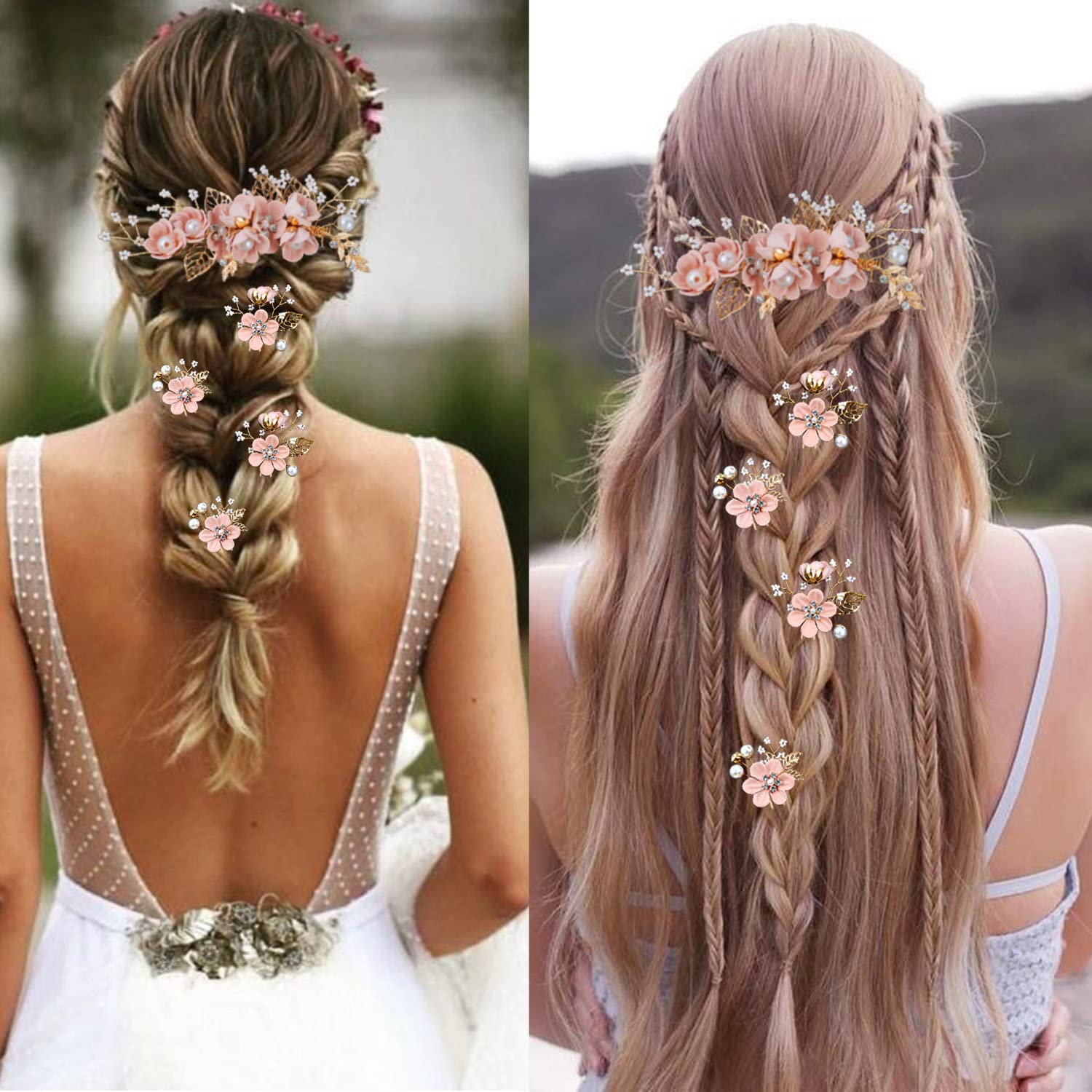 5-Piece Bridal Flower Hair Pins – Cherry Blossom Pink Crystal Pearl Hair Accessories with Rhinestones for Wedding Updos