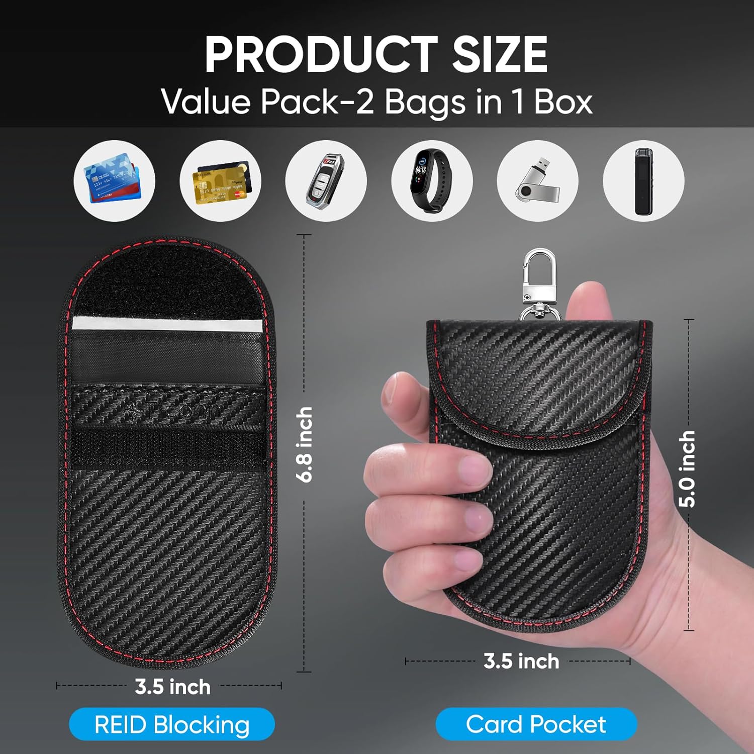 TICONN Faraday Bag for Key Fob (2-Pack) – RFID Signal Blocking Anti-Theft Pouch – Carbon Fiber Pattern – PU Leather Key Case for Car Security