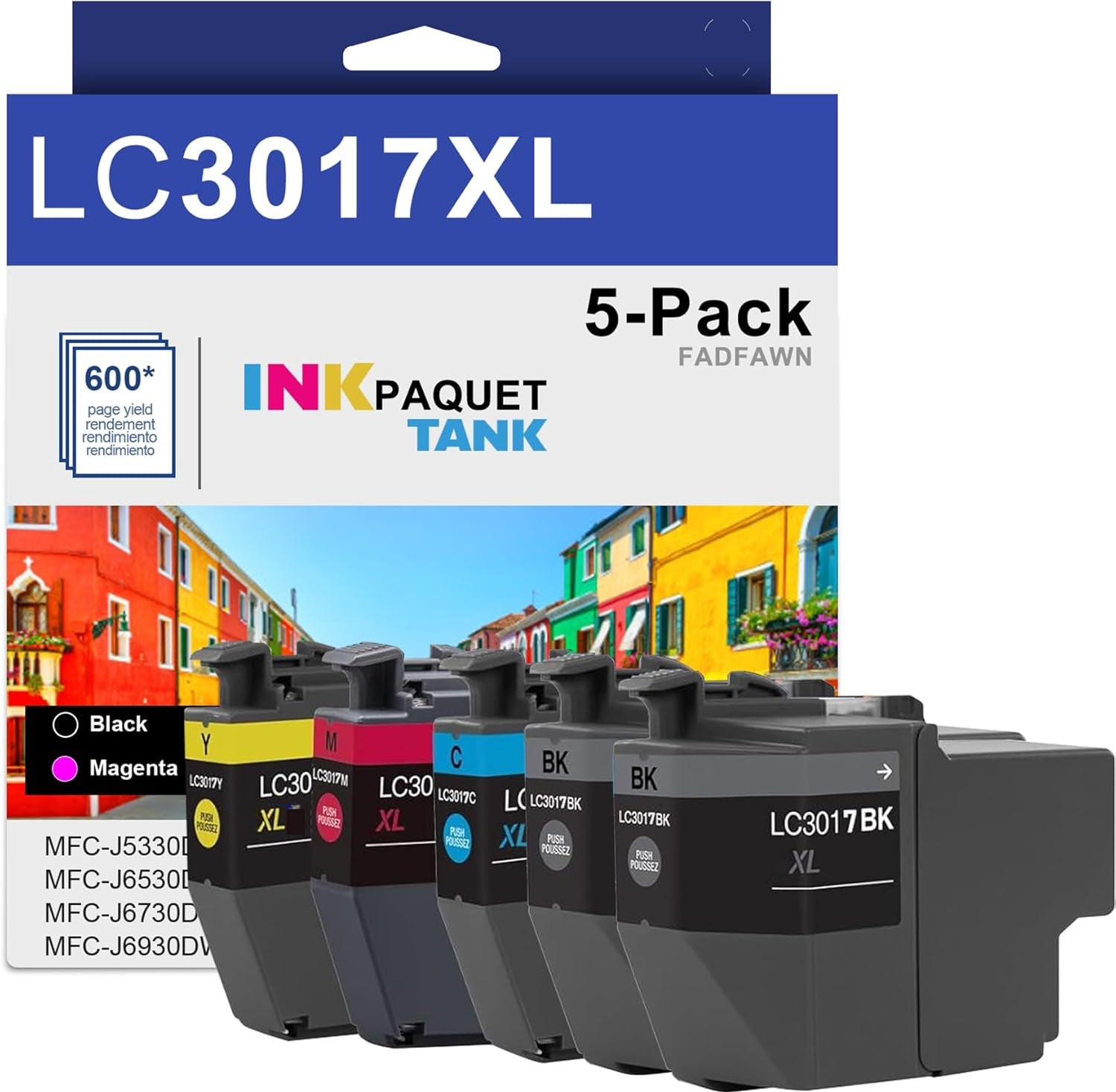 FADFAWN LC3017XL High Yield Ink Cartridges 5-Pack (BK/C/M/Y) – Compatible Replacement for Brother MFC-J5330DW, J6530DW, J6730DW, J6930DW Printers
